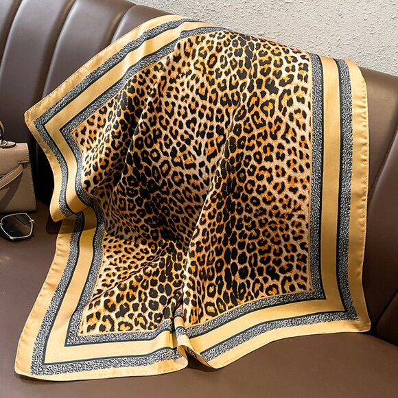 2/$30 Large Square Black Gold Satin Silky Neck Head Scarf Leopard Print Gift - Picture 4 of 6